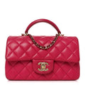 Lambskin Quilted Mini Top Handle Rectangular Flap Dark Pink