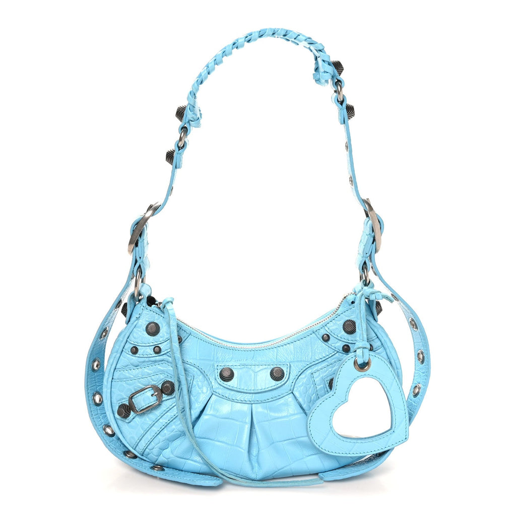 Extra Supple Calfskin Crocodile Embossed Le Cagole Shoulder Bag XS Sky Blue