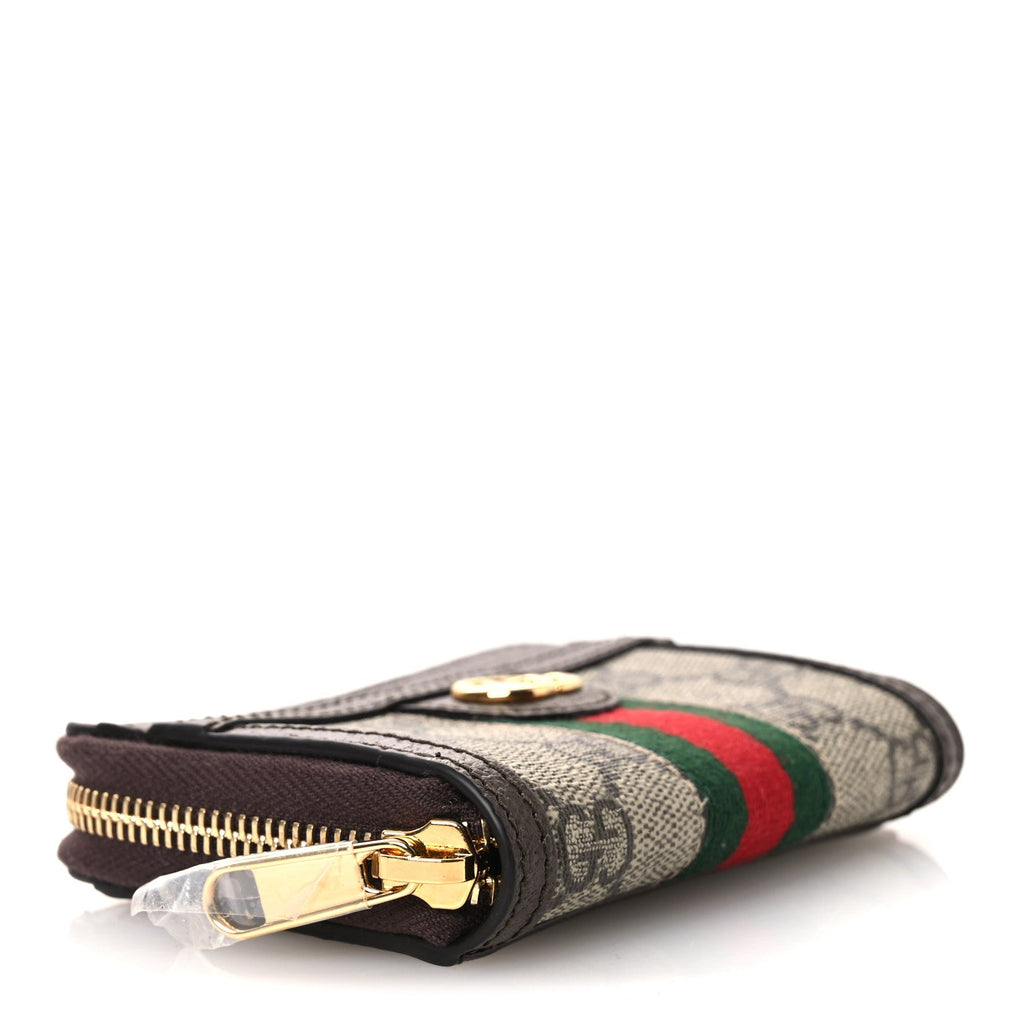 GG Supreme Monogram Textured Dollar Calfskin Web Ophidia Zip Around  Case Wallet Beige Ebony New Acero