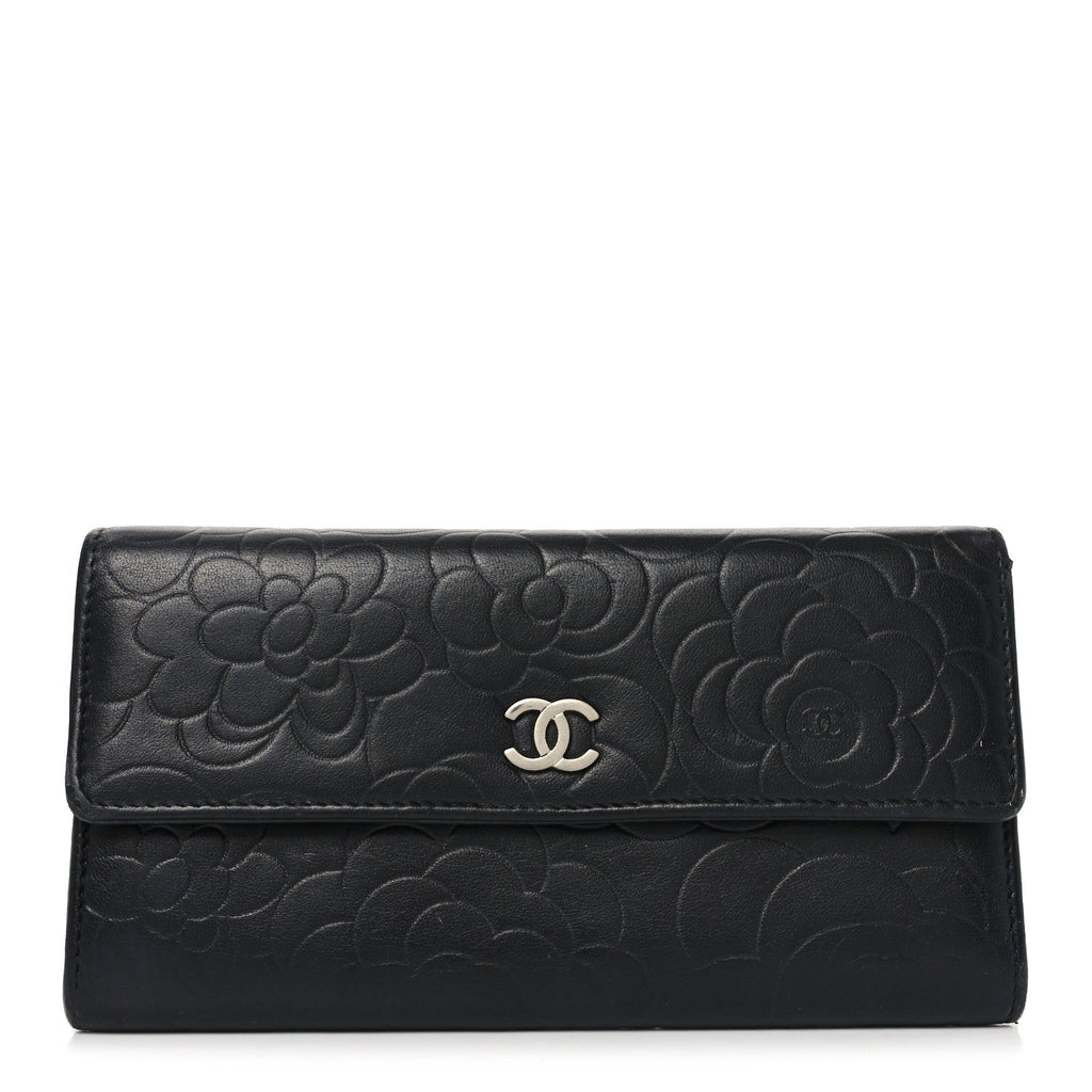 Lambskin Embossed Camellia Large Gusset Flap Wallet Black