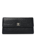 Lambskin Embossed Camellia Large Gusset Flap Wallet Black
