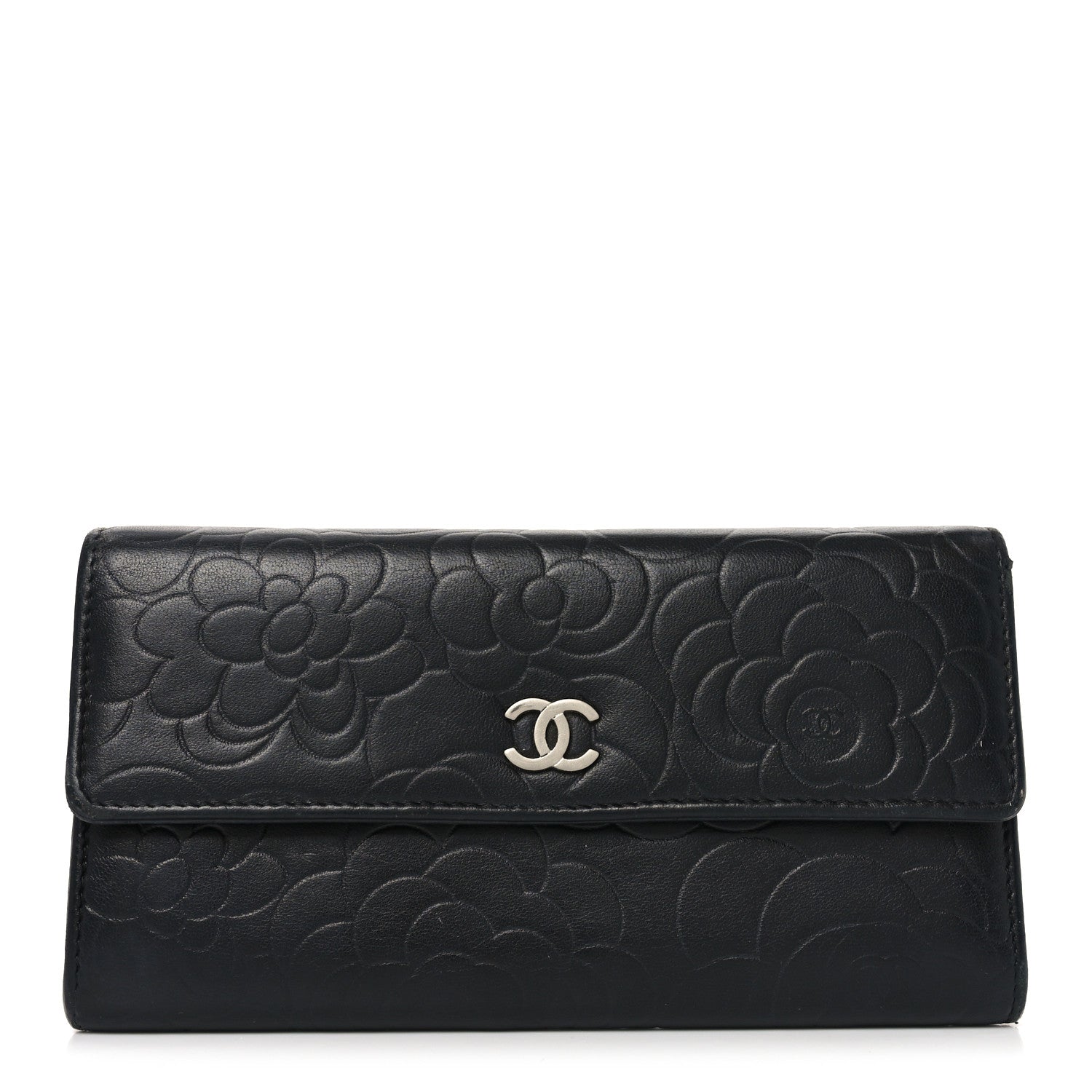 Lambskin Embossed Camellia Large Gusset Flap Wallet Black