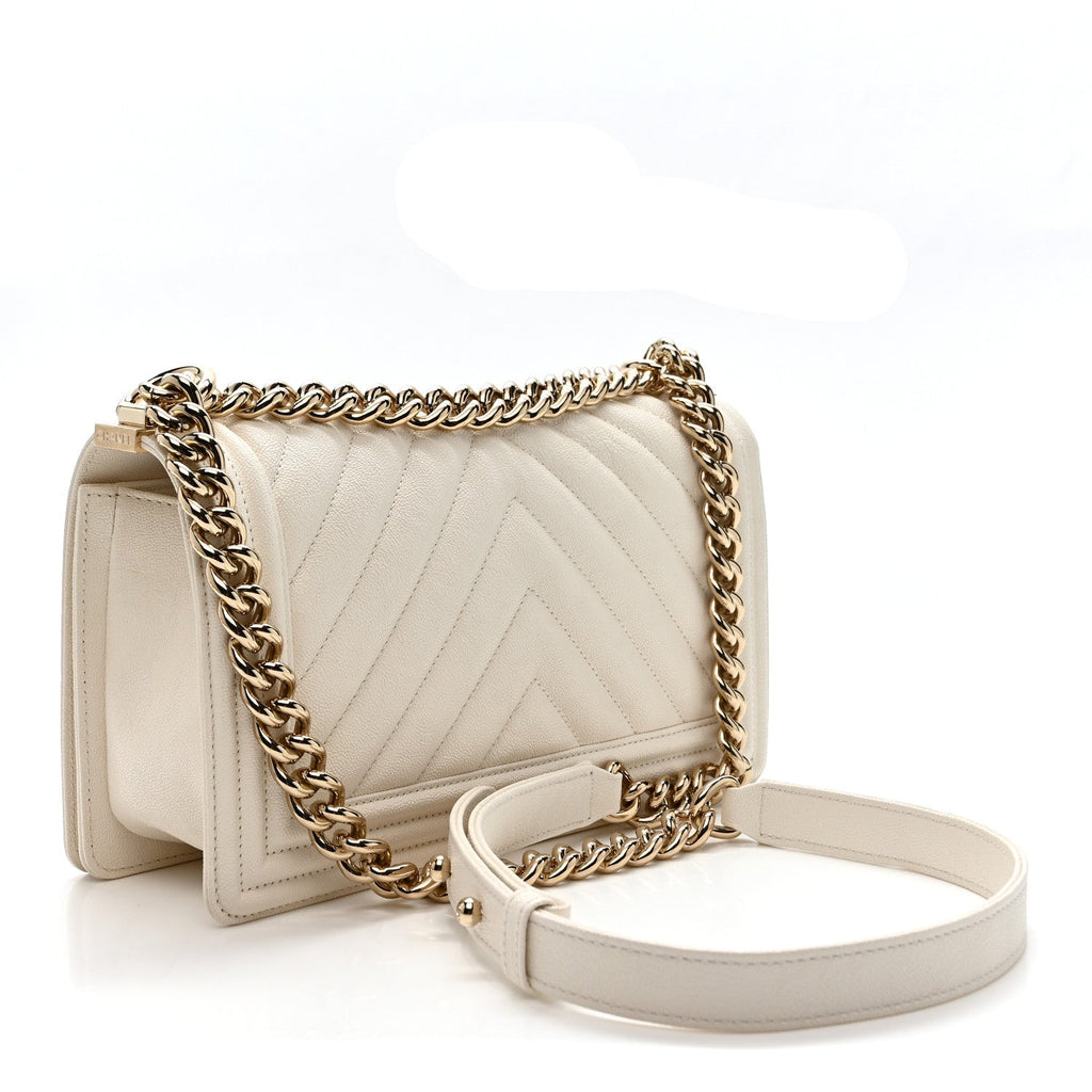 Caviar Chevron Quilted Medium Boy Flap White