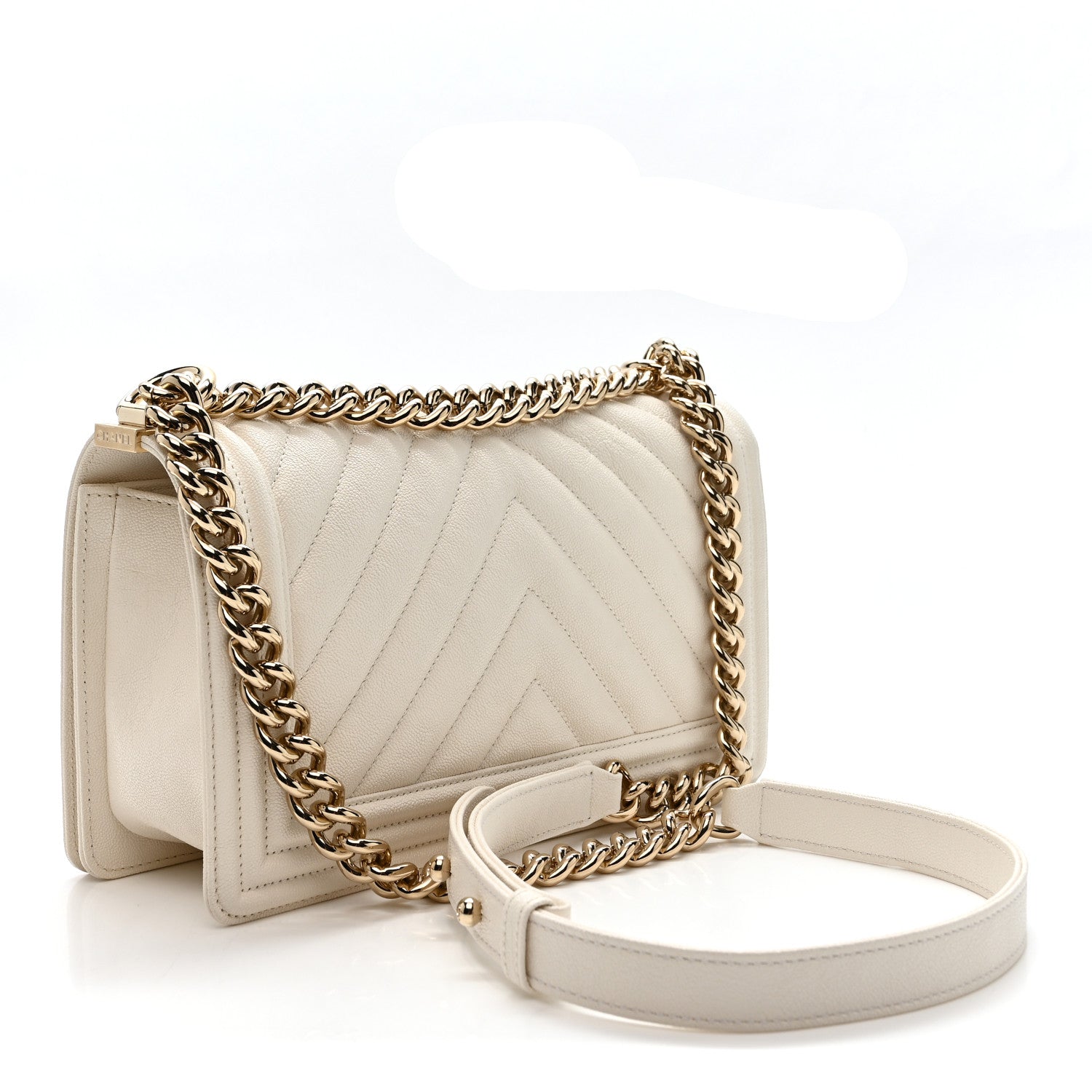Caviar Chevron Quilted Medium Boy Flap White
