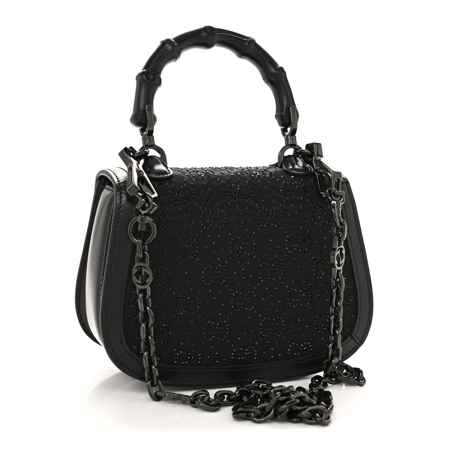 Moire Fabric Calfskin Rhinestone Monogram Monochrome Mini Bamboo 1947 Top Handle Chain Bag Black