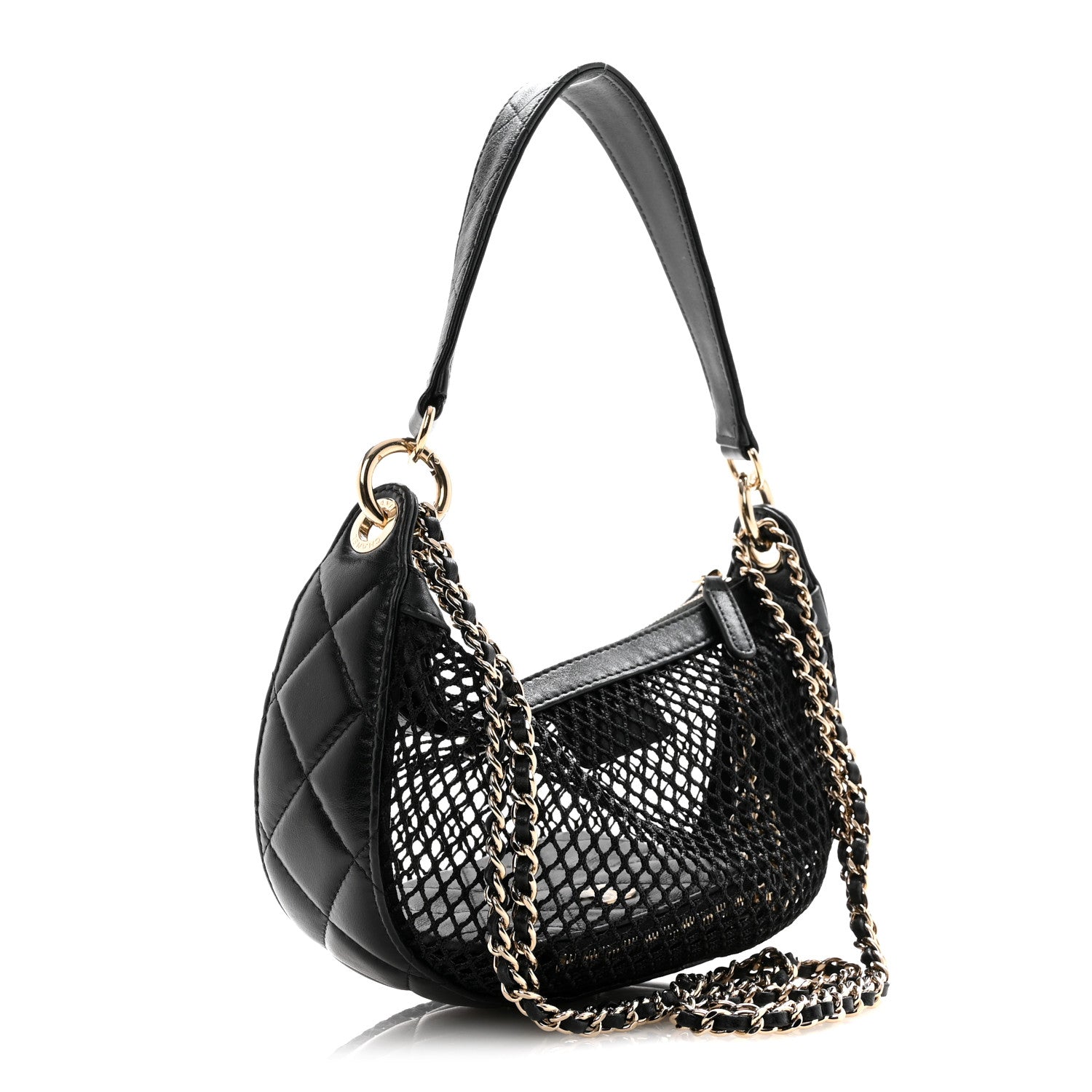 Mesh Shiny Lambskin Chain Hobo Black