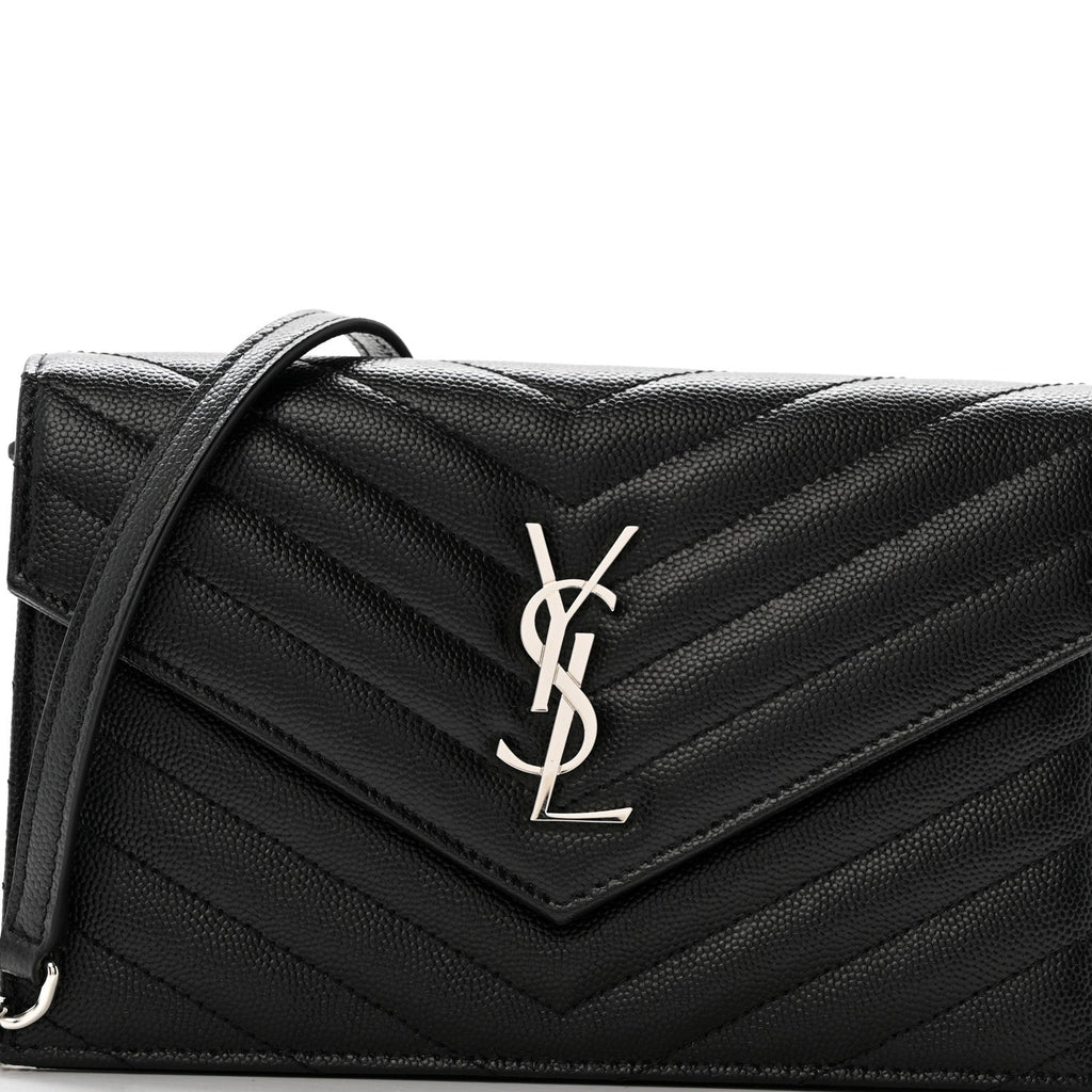 Grain De Poudre Matelasse Chevron Monogram Envelope Chain Wallet Black