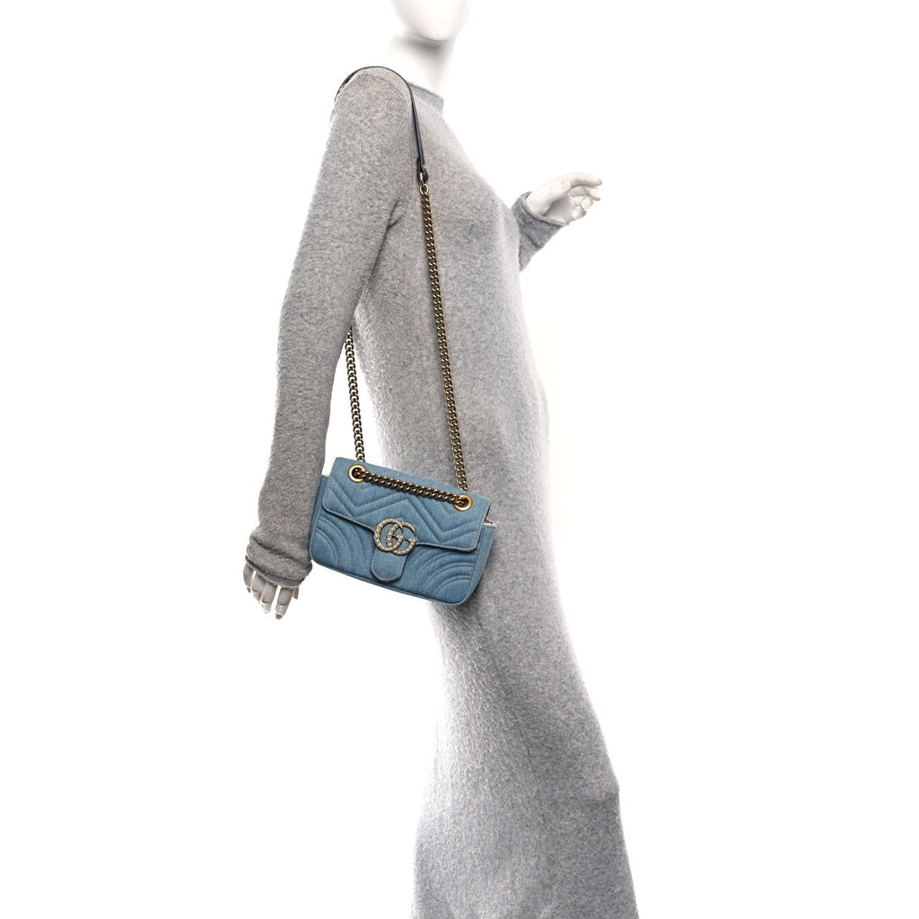Denim Matelasse Mini Pearly GG Marmont Shoulder Bag Blue