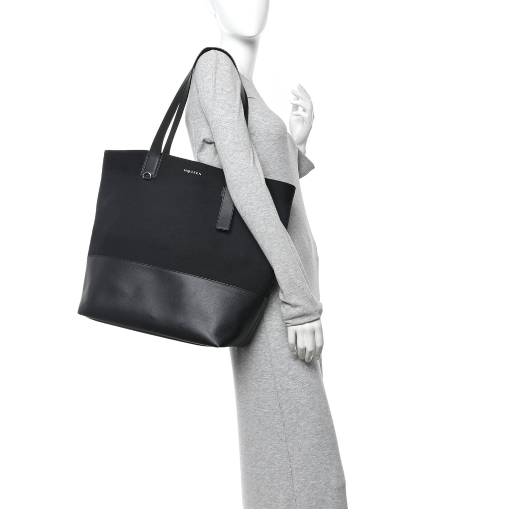 Canvas Calfskin T-Bar Shopping Bag Black