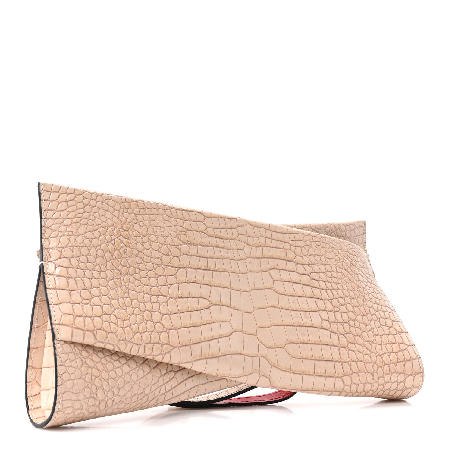Crocodile Embossed Calfskin Loubi Twist Zip Clutch Bag Beige