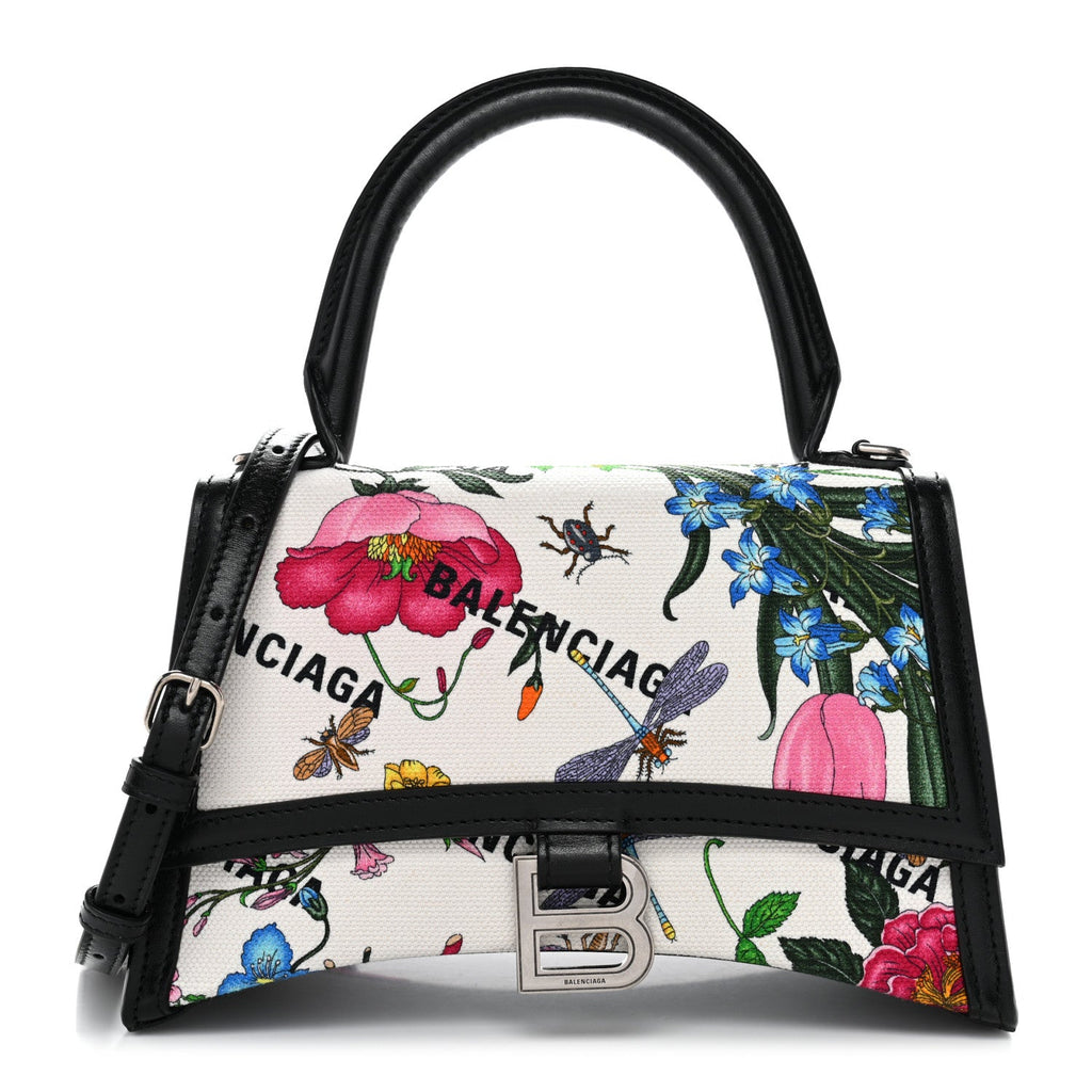 X GUCCI Canvas Boarded Plutone Calfskin Flora Logo Print Small Hourglass Top Handle Bag White Multicolor Black
