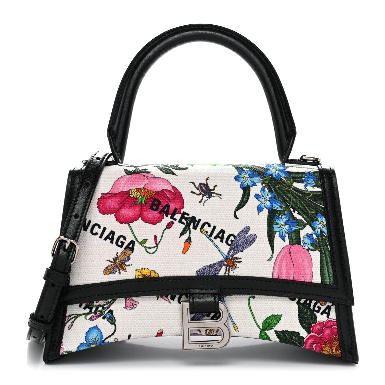 X GUCCI Canvas Boarded Plutone Calfskin Flora Logo Print Small Hourglass Top Handle Bag White Multicolor Black