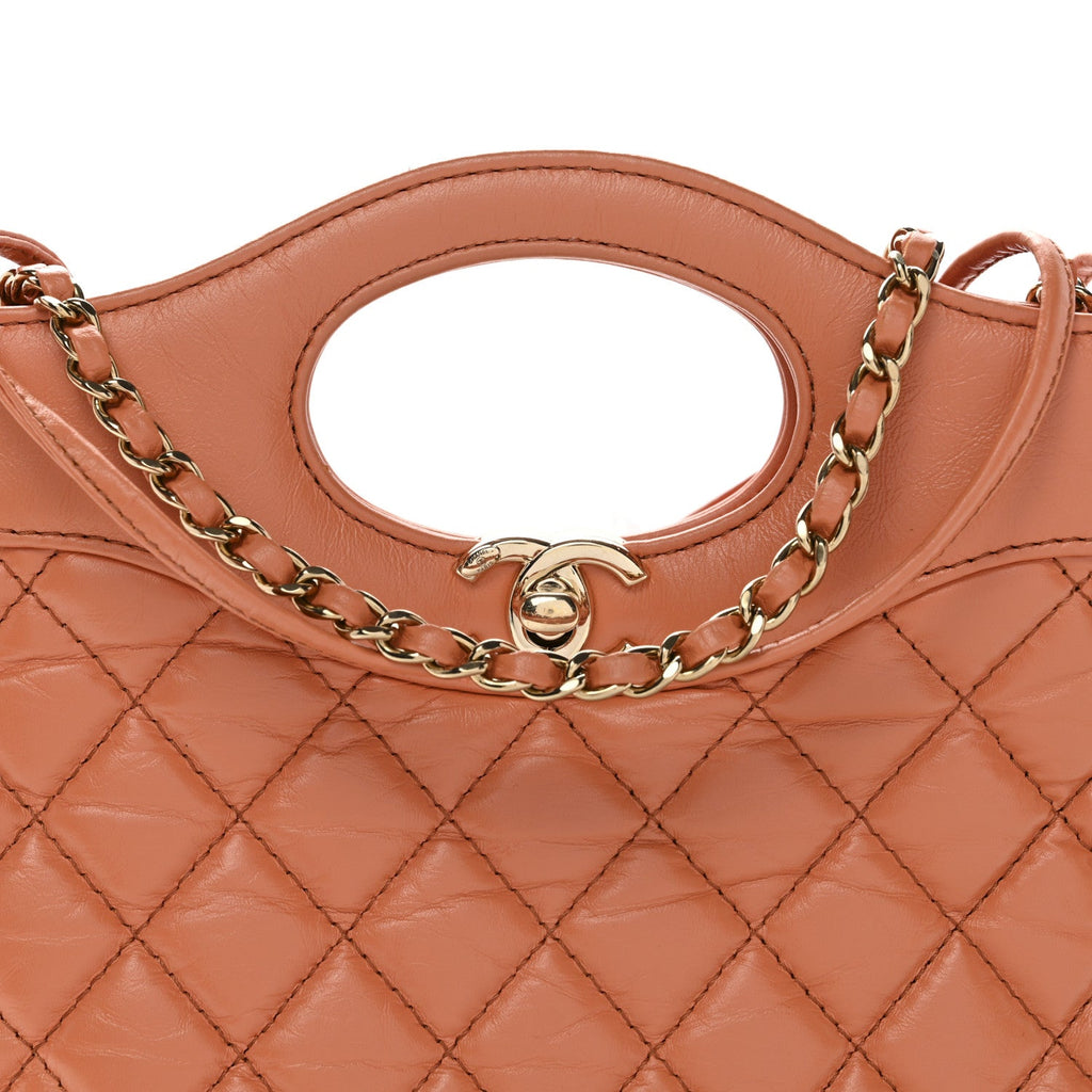 Shiny Crumpled Calfskin Quilted Mini 31 Shopping Bag Orange