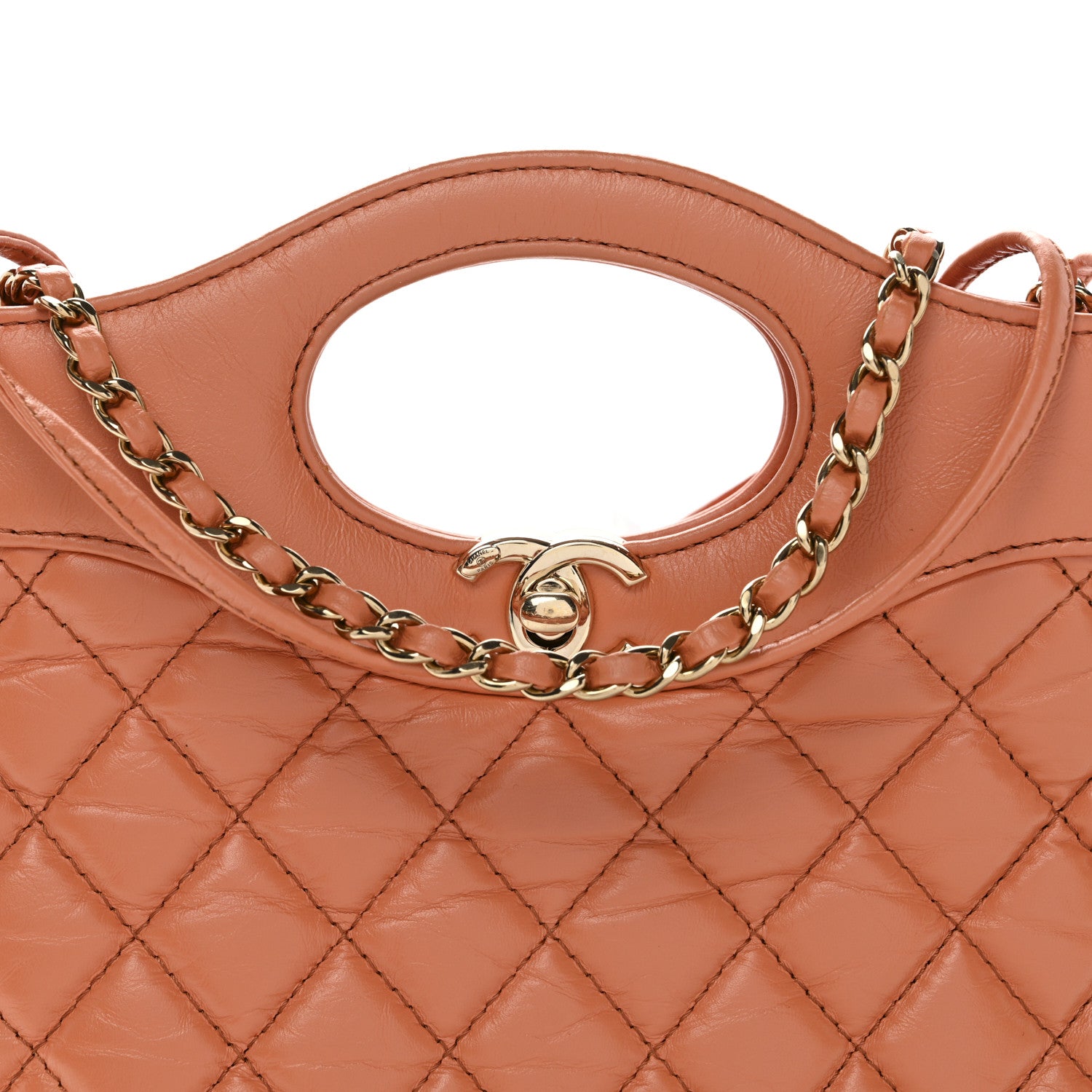 Shiny Crumpled Calfskin Quilted Mini 31 Shopping Bag Orange