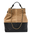Suede Shiny Lambskin Quilted Large Shopping Bag Beige Black
