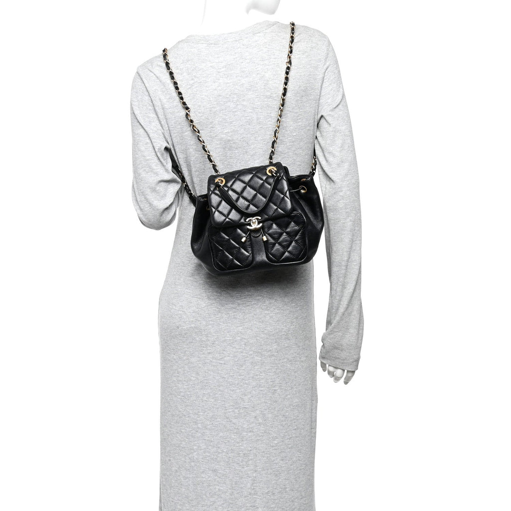 Lambskin Quilted Daily Friend Drawstring Backpack Black