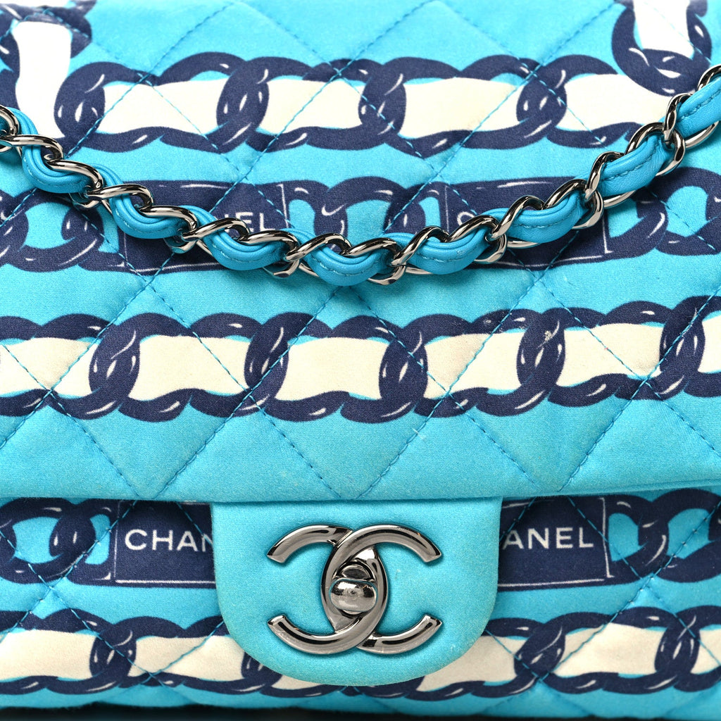 Silk Chain Printed Medium Single Flap Blue