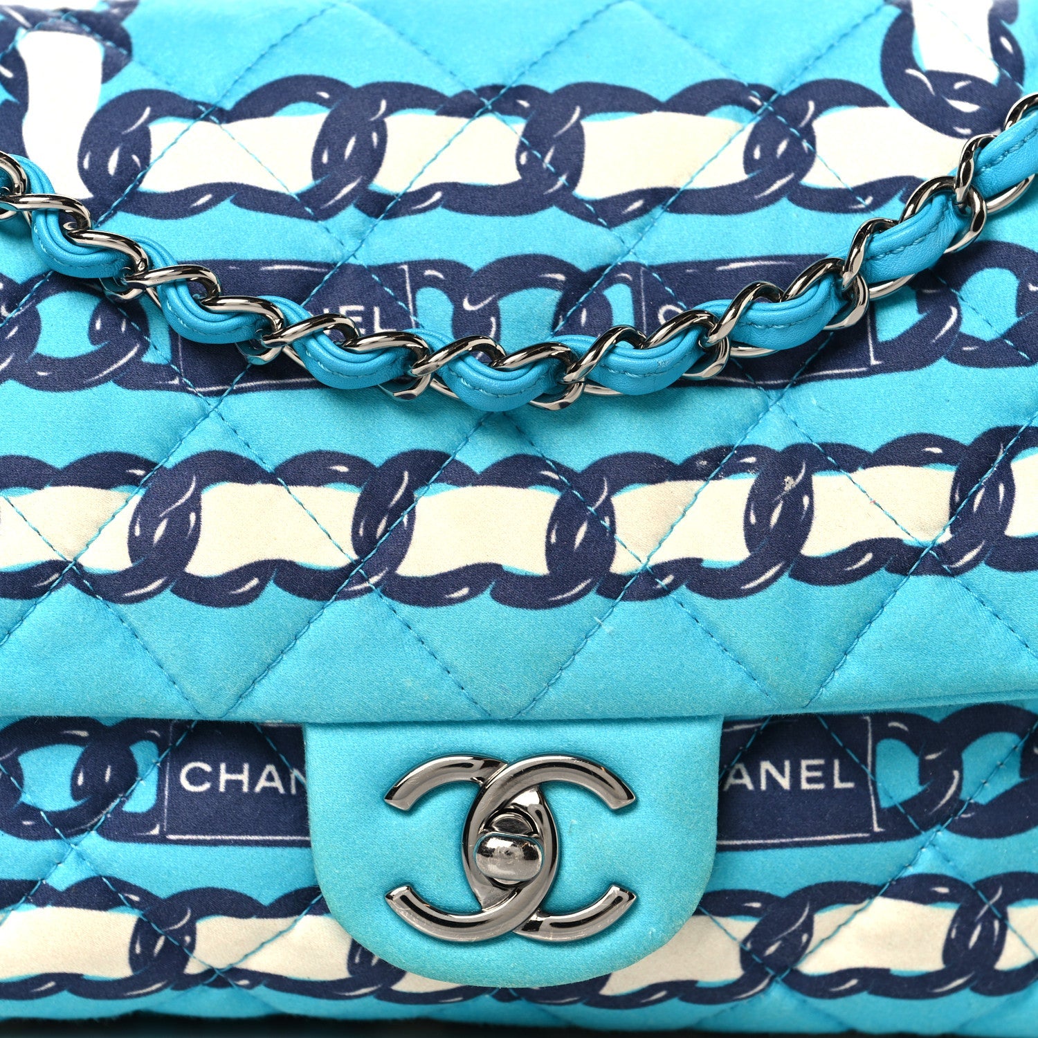 Silk Chain Printed Medium Single Flap Blue