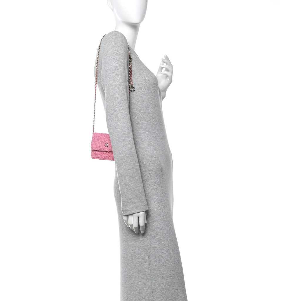 Tweed Quilted Flap Chain Waist Bag Pink