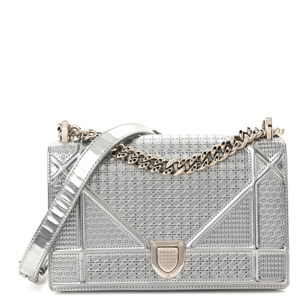 Metallic Patent Micro-Cannage Small Diorama Flap Bag Silver