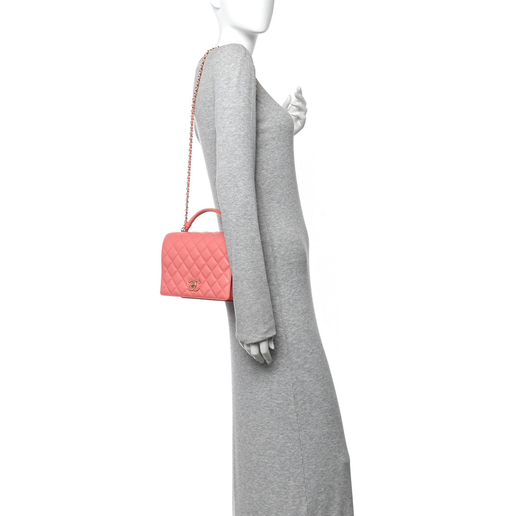 Lambskin Quilted Small Handle Tied Top Handle Flap Pink
