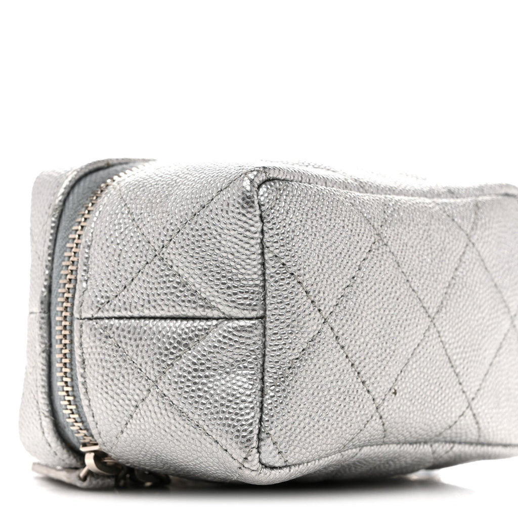 Metallic Caviar Quilted Mini Top Handle Vanity With Chain Silver