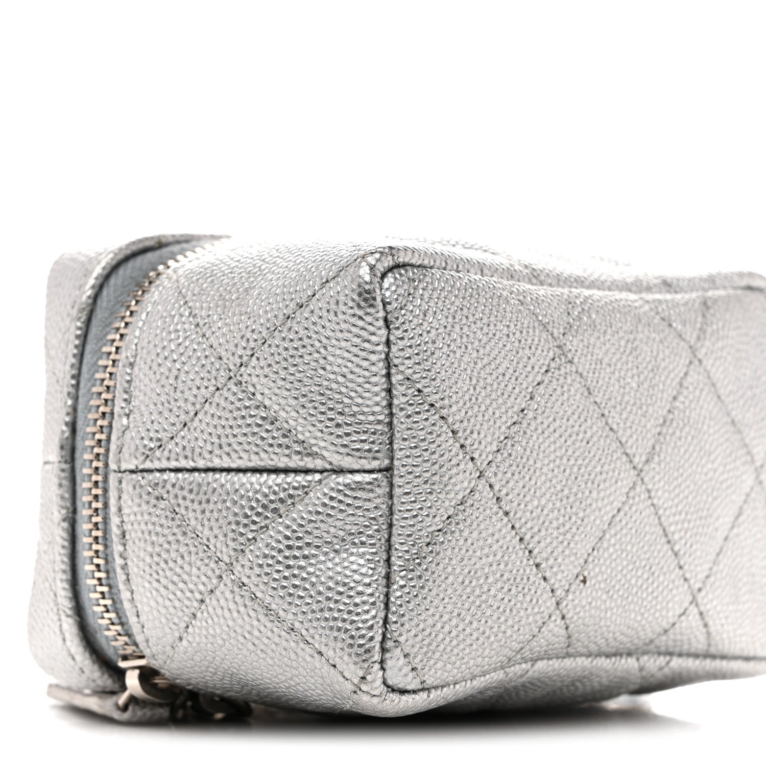 Metallic Caviar Quilted Mini Top Handle Vanity With Chain Silver