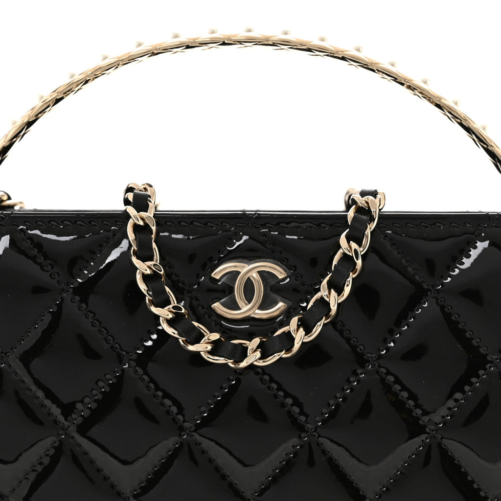 Patent Calfskin Quilted Pearl Clutch With Chain Black