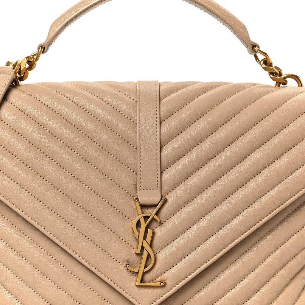 Sheepskin Matelasse Chevron Monogram Large College Satchel Dark Beige