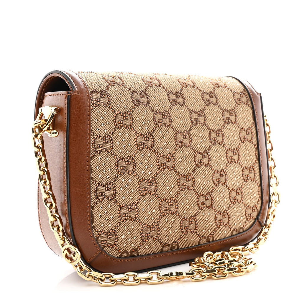 New Canvas Charisma Calfskin Crystal GG Monogram Mini Horsebit 1955 Shoulder Bag Camel Ebony