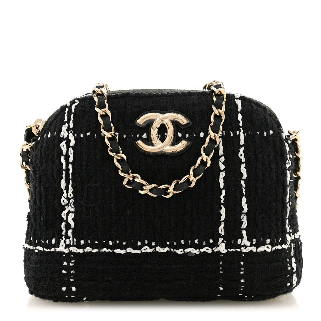 Tweed Quilted Mini Clutch With Chain  Black White