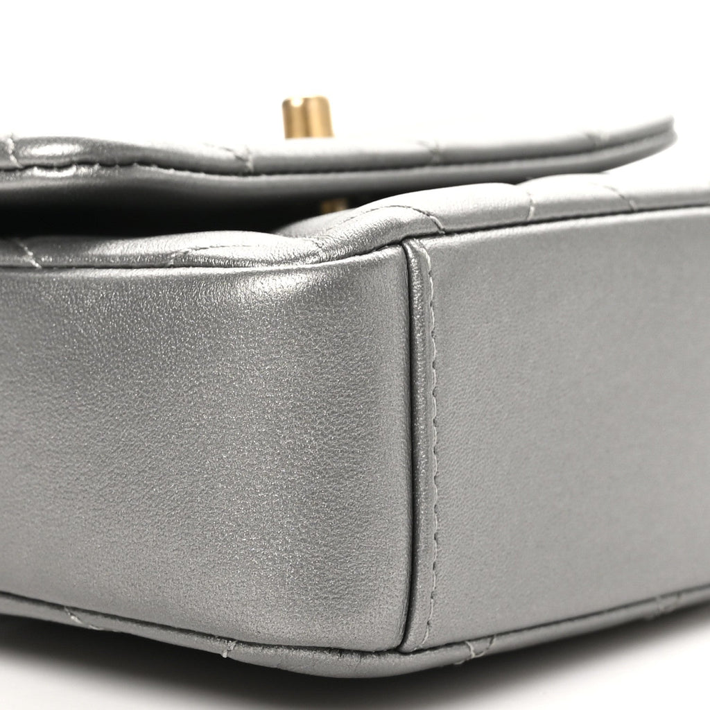 Metallic Lambskin Quilted Mini Side Note Flap Grey