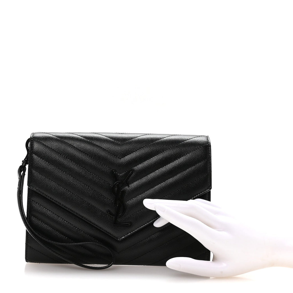 Grain De Poudre Matelasse Chevron Monogram Monochrome Envelope Clutch Black