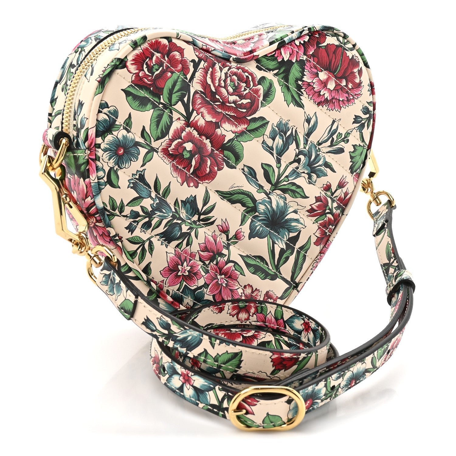 Calfskin Matelasse Diagonal Brit Roses Print Mini Interlocking G Heart Shoulder Bag  White Multicolor
