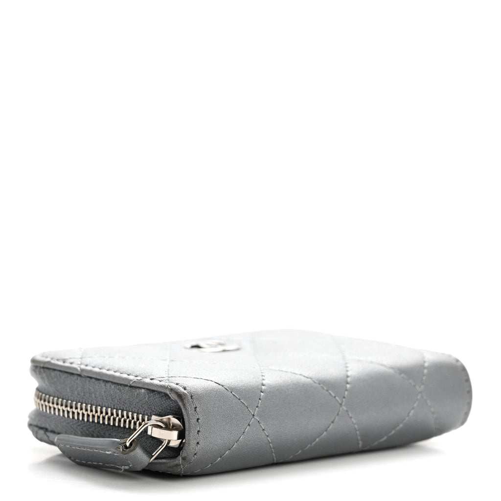 Metallic Lambskin Quilted Zip Around Coin Purse Wallet Silver