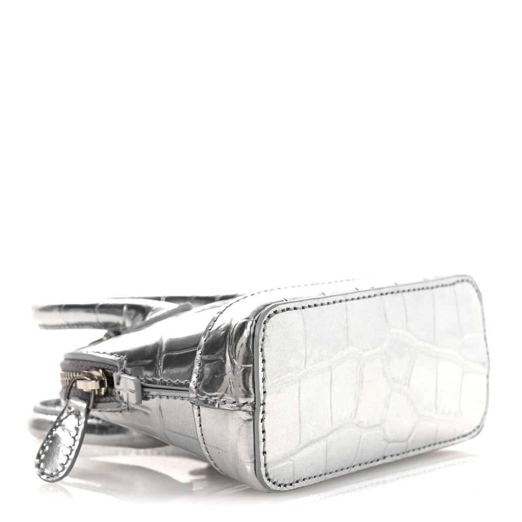 Metallic Calfskin Logo Crocodile Embossed Mini Ville Top Handle Bag Silver Black