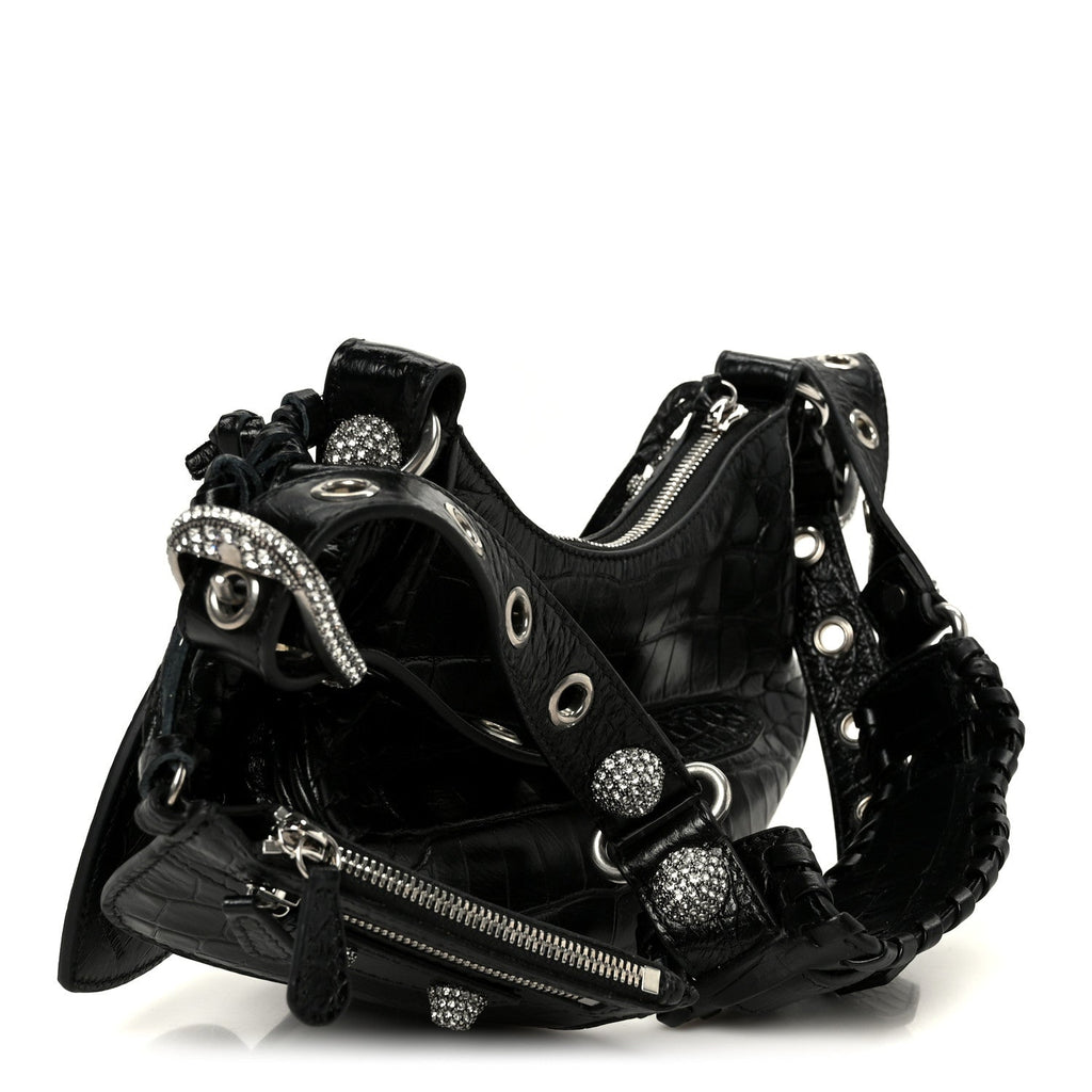 Extra Supple Calfskin Crystal Crocodile Embossed Le Cagole Shoulder Bag XS Black