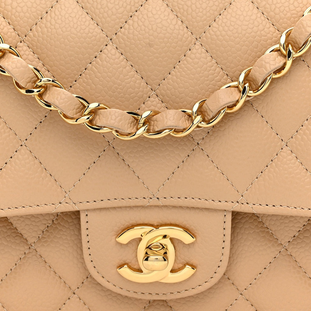 Caviar Quilted Medium Double Flap Beige