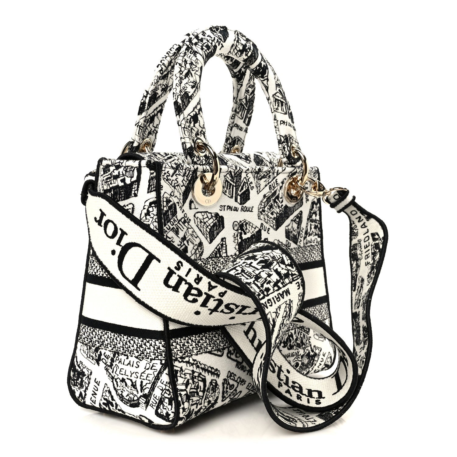 Canvas Embroidered Plan de Paris Medium Lady D-Lite White Black