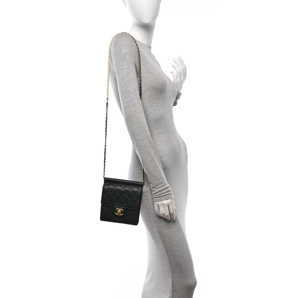 Goatskin Quilted Chic Pearls Flap Black