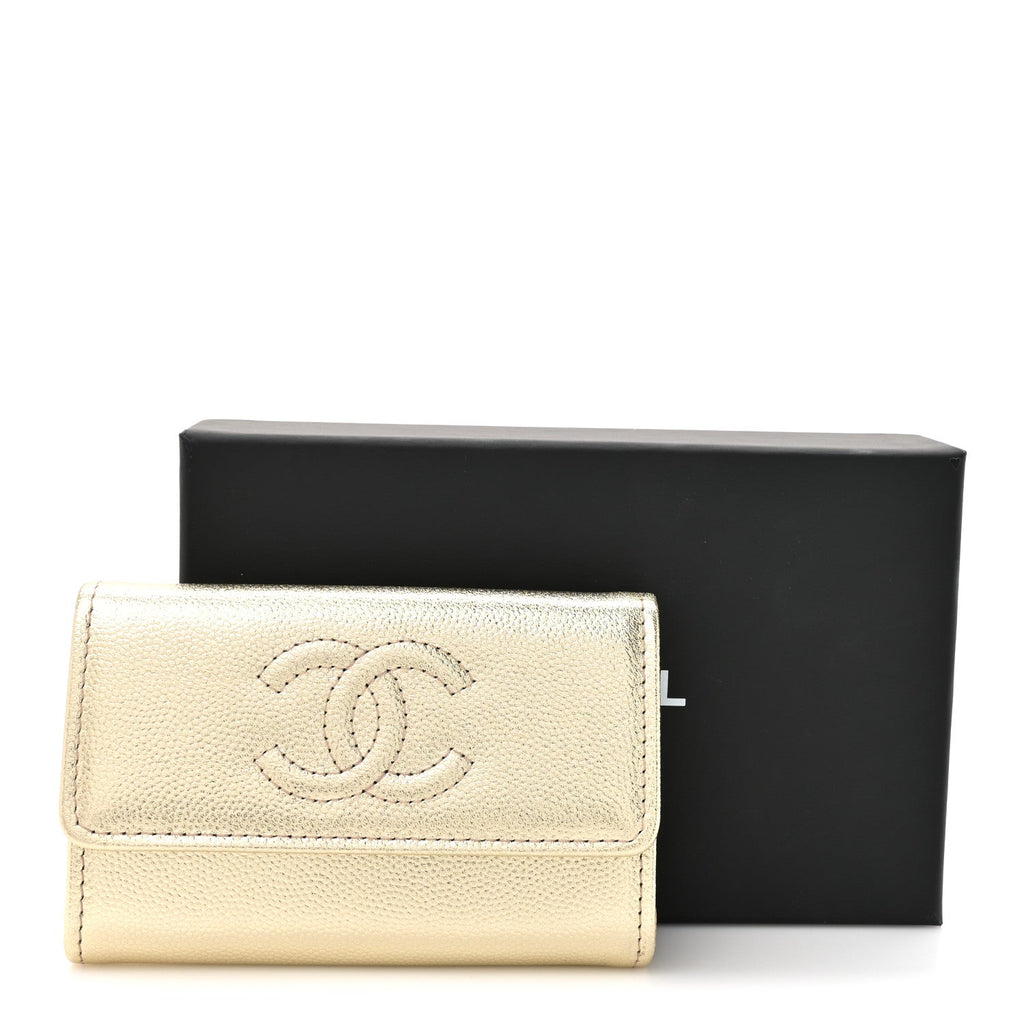 Metallic Caviar Quilted CC Flap  Holder Gold