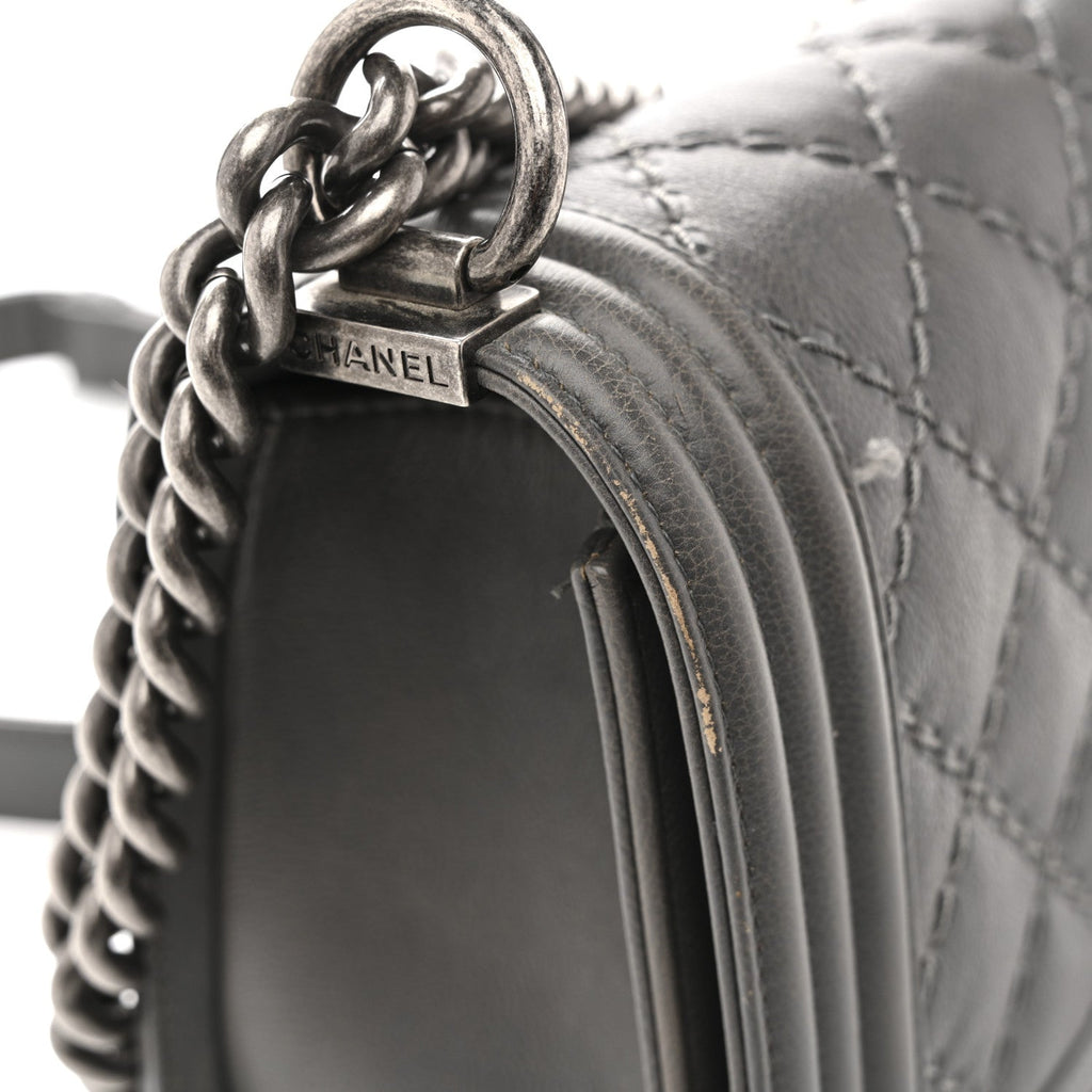 Calfskin Double Stitch Medium Boy Flap Grey