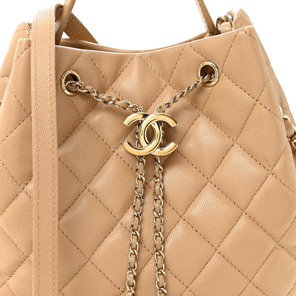 Caviar Quilted Large Rolled Up Bucket Drawstring Bag Beige