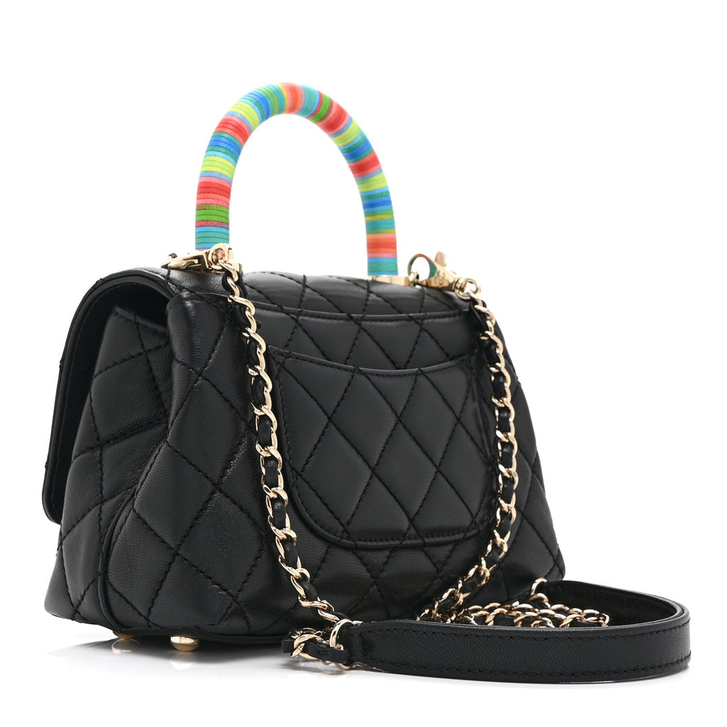 Goatskin Quilted Rainbow Extra Mini Coco Handle Flap Black
