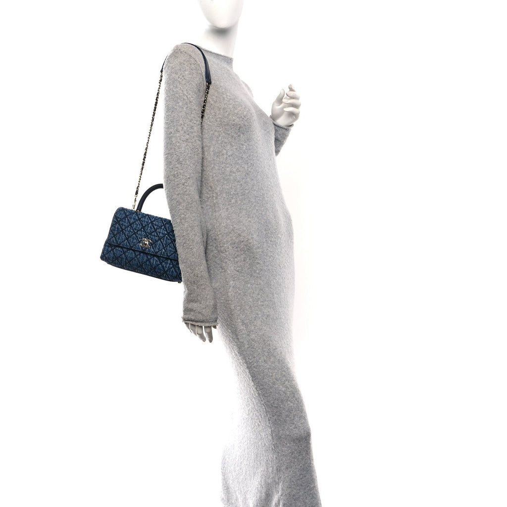 Washed Denim Quilted Mini Coco Handle Flap Blue