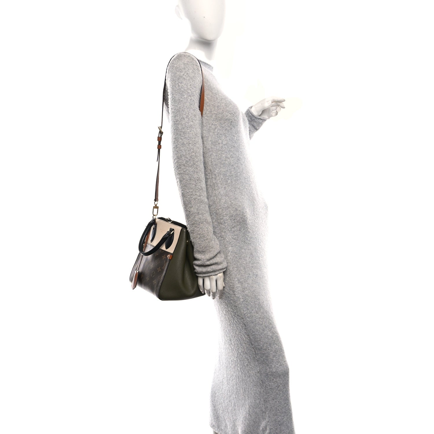 Calfskin Monogram Fold Tote Black Khaki Cream