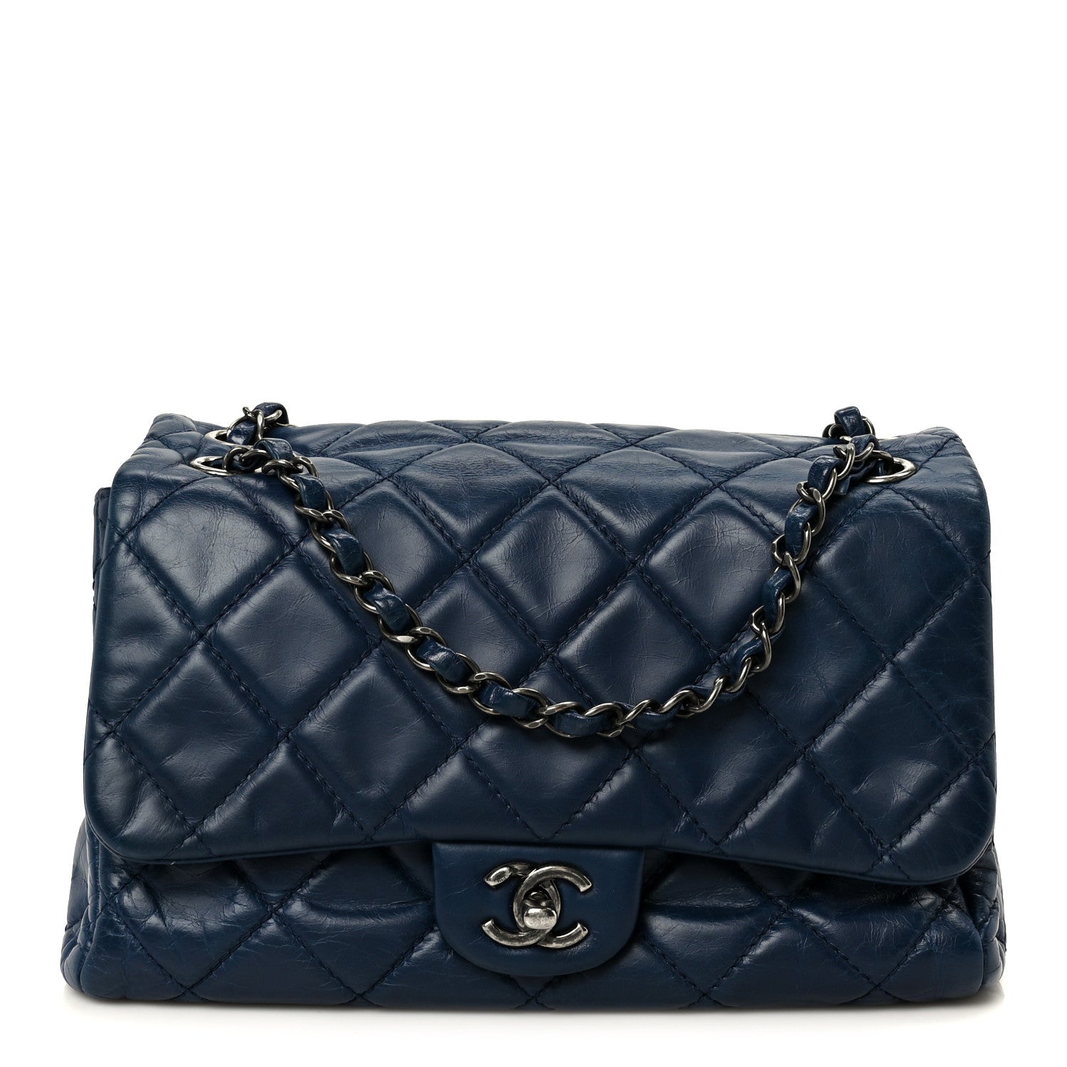 Glazed Calfskin Quilted Medium Coco Soft Flap Navy