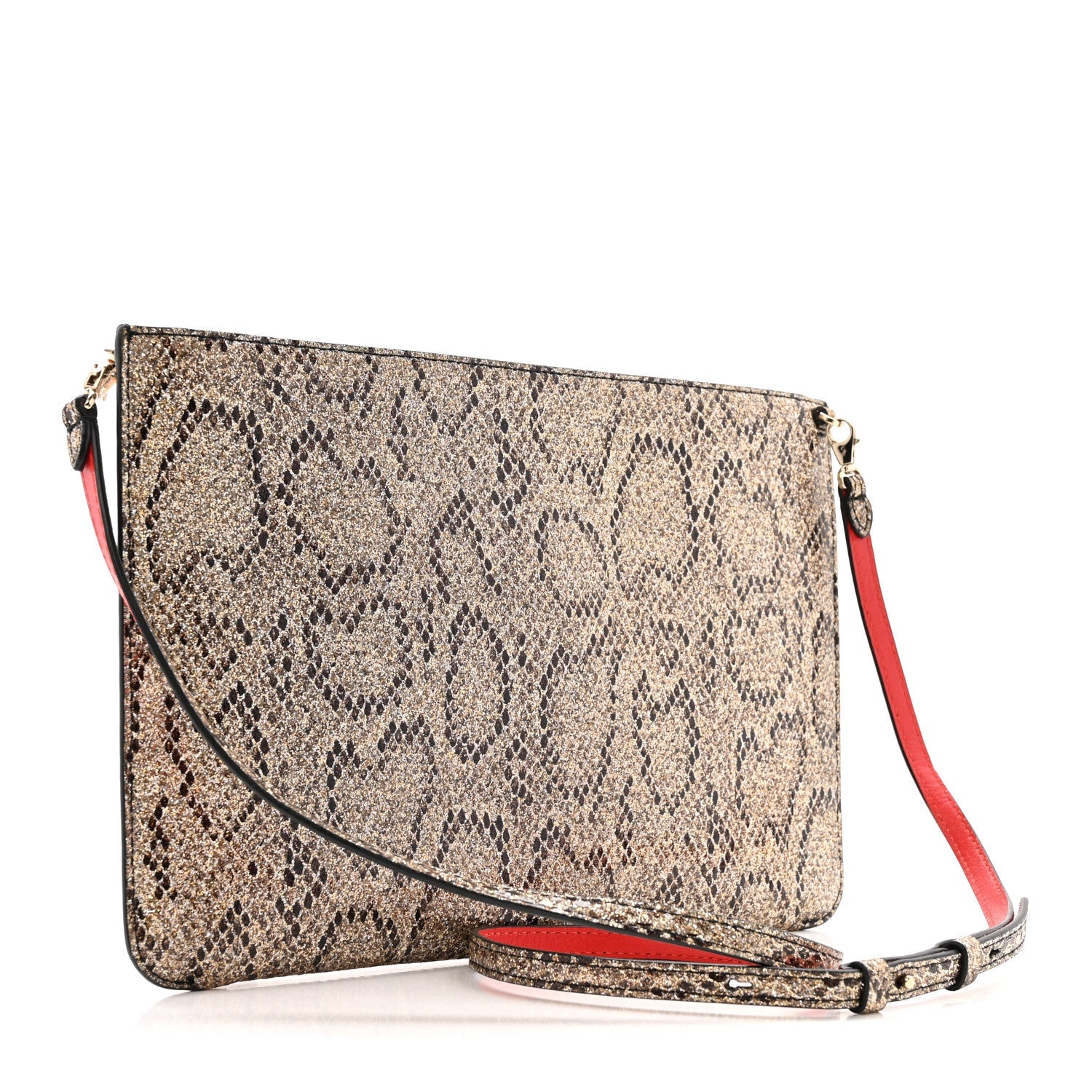 Metallic Snakeskin Embossed Spikes Loubiposh Clutch Gold Pink