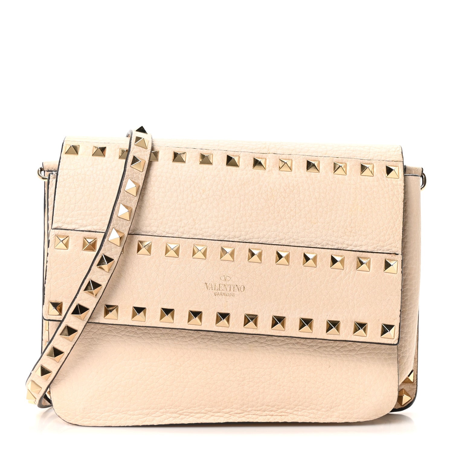 Pebbled Calfskin Rockstud Side Slip Crossbody Ivory