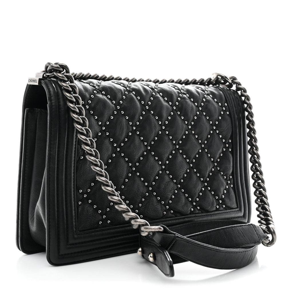 Crumpled Lambskin New Medium Studded Boy Flap Black